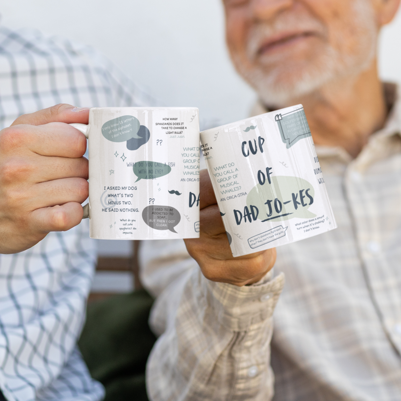 Dads 15 oz ceramic mug with “Cup of Dad Jokes” and illustrated dad pun