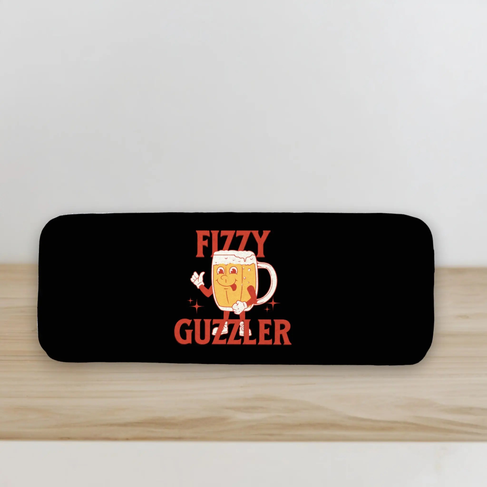 Fizzy Guzzler slap wrap koozie with cartoon beer mug design displayed on a tabletop product photo
