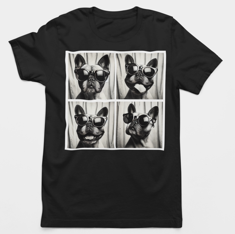 flat lay shirt of French Bulldog photo booth collage tee with black-and-white sunglasses design on a soft black shirt.