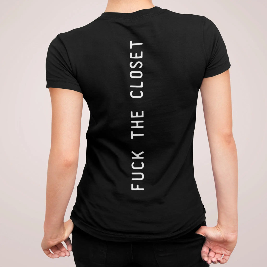 Back view of unisex t-shirt with vertical “fuck the closet” text print, LGBTQ pride ally statement shirt