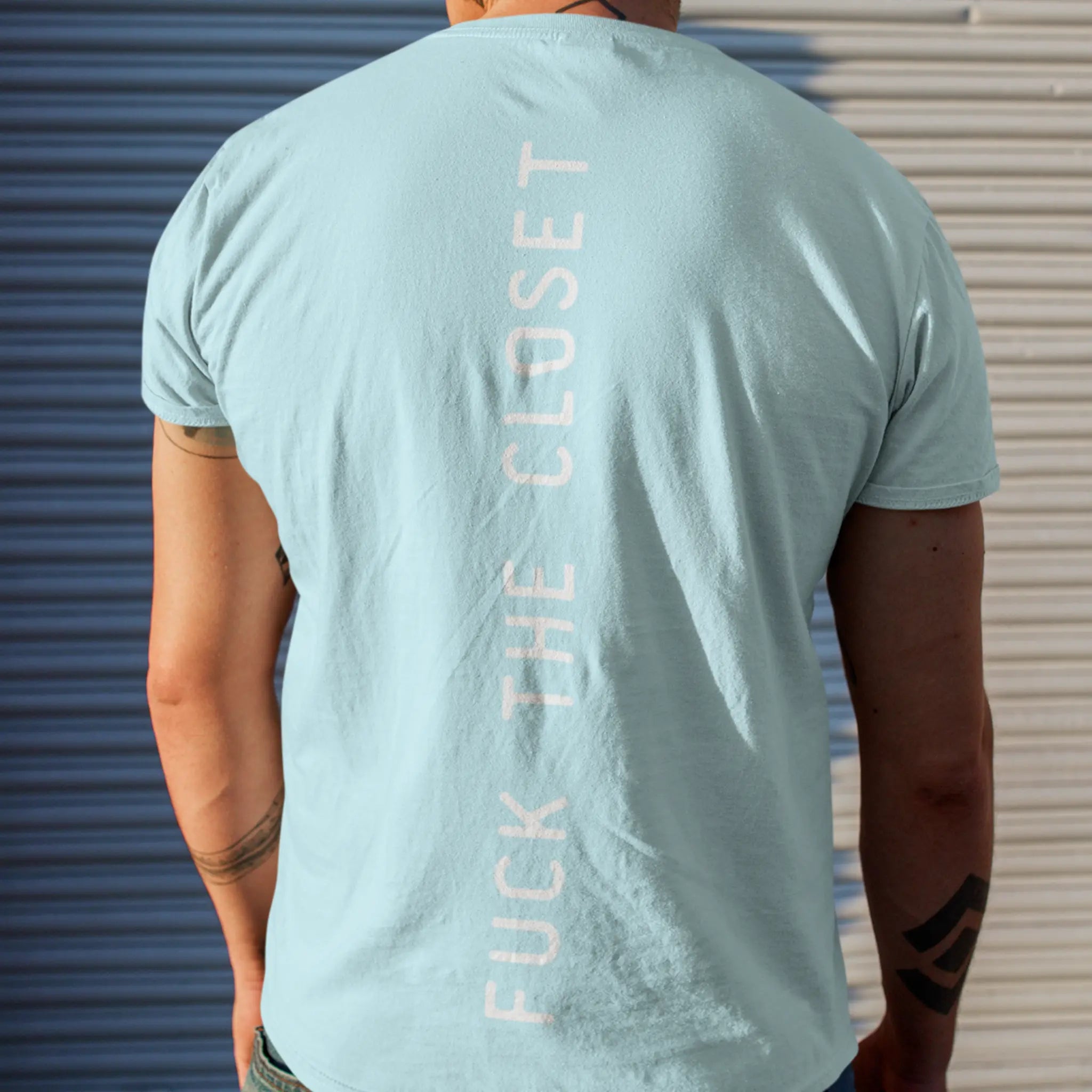 Blue unisex t-shirt with vertical “fuck the closet” back print, LGBTQ ally pride shirt
