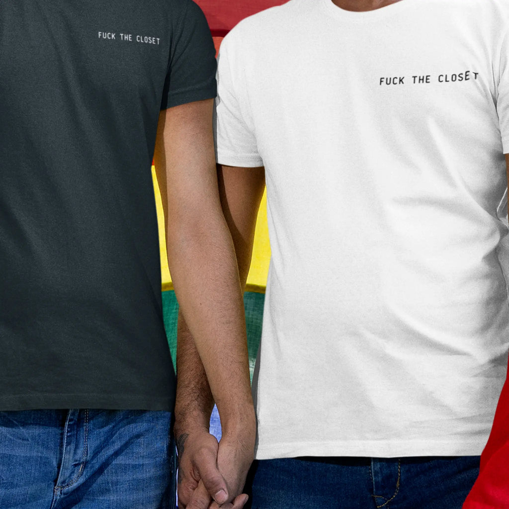 Minimalist pride ally t-shirt with “fuck the closet” front chest print, unisex LGBTQ ally apparel