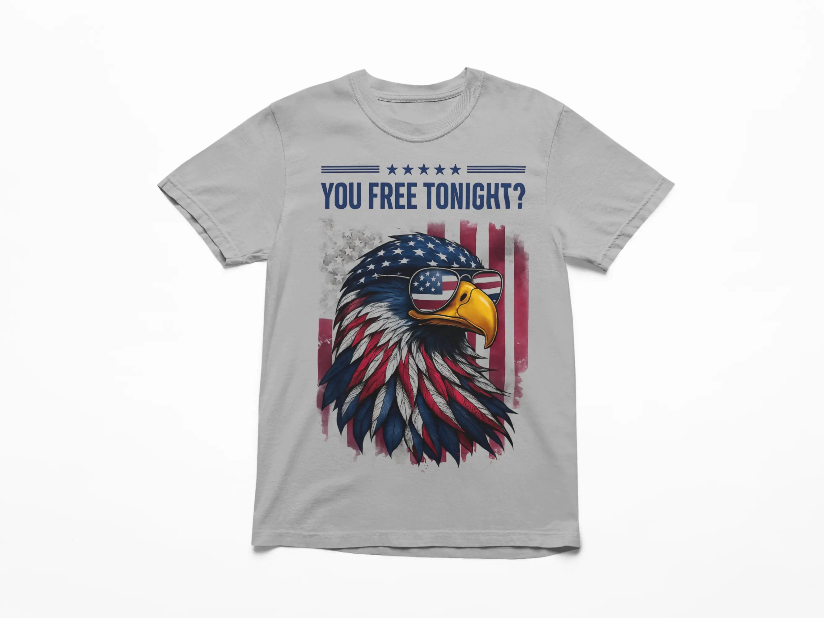 Gray t-shirt with an eagle and American flag design on a white background