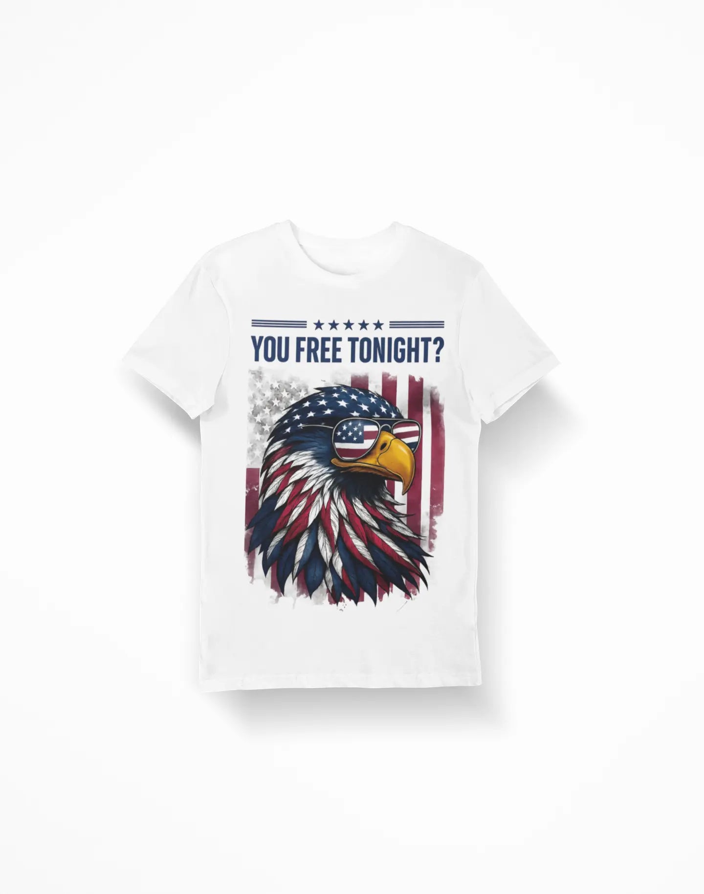 White t-shirt with an eagle and American flag design on a white background