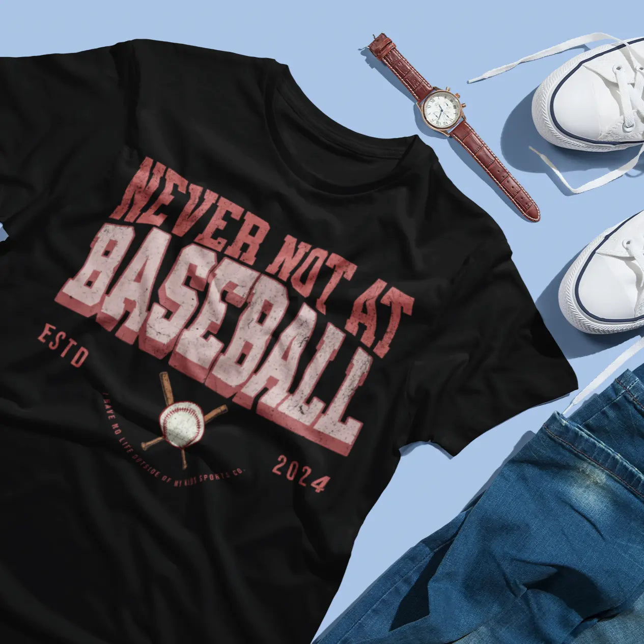 Black baseball mom shirt reading “Never Not At Baseball” with baseball design, youth sports parent tee