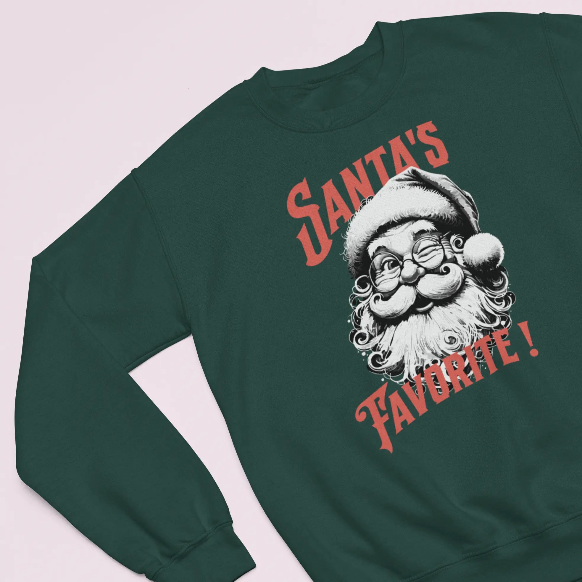 Unisex crewneck Christmas sweatshirt with Santa graphic print, “Santa’s Favorite!” cute funny holiday outfit
