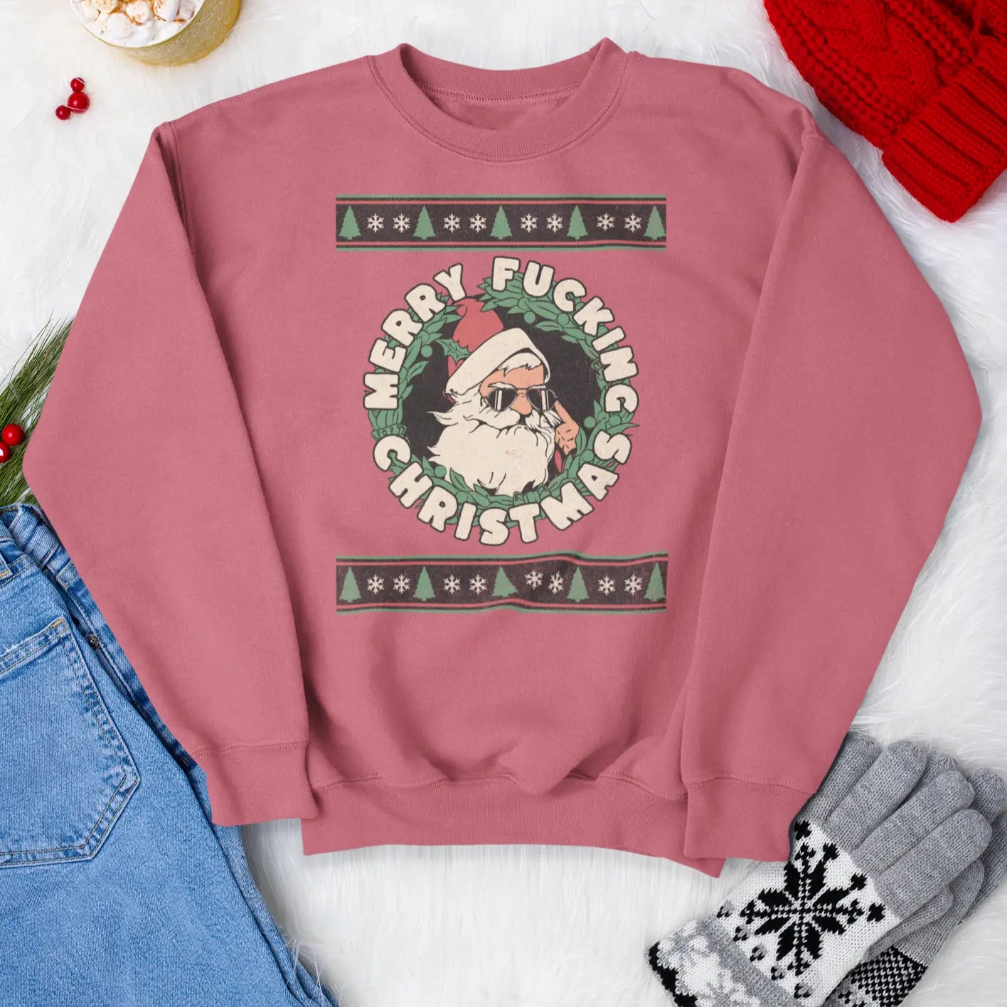 Adult humor Christmas sweatshirt featuring sarcastic Santa and festive pattern stripes, funny holiday gift idea