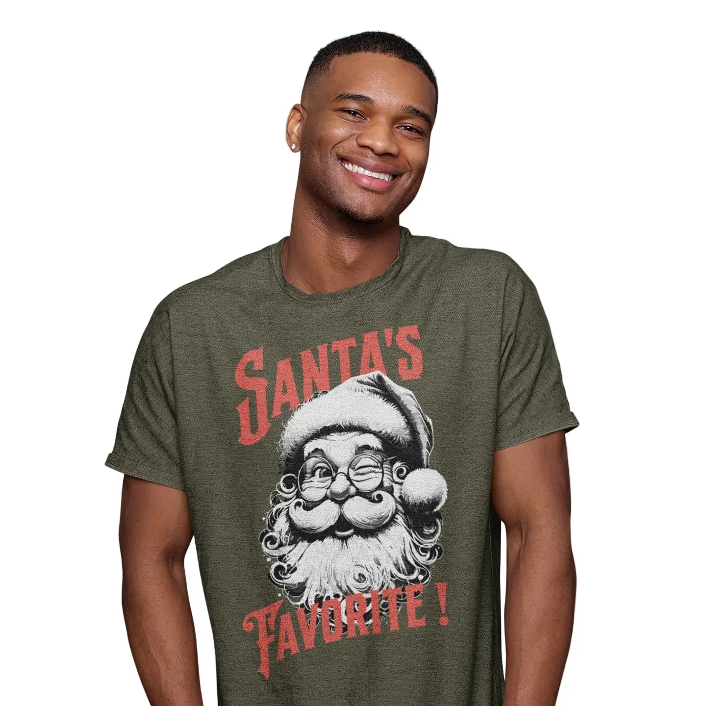 Green unisex t-shirt with Santa face graphic and “Santa’s Favorite!” funny Christmas holiday shirt