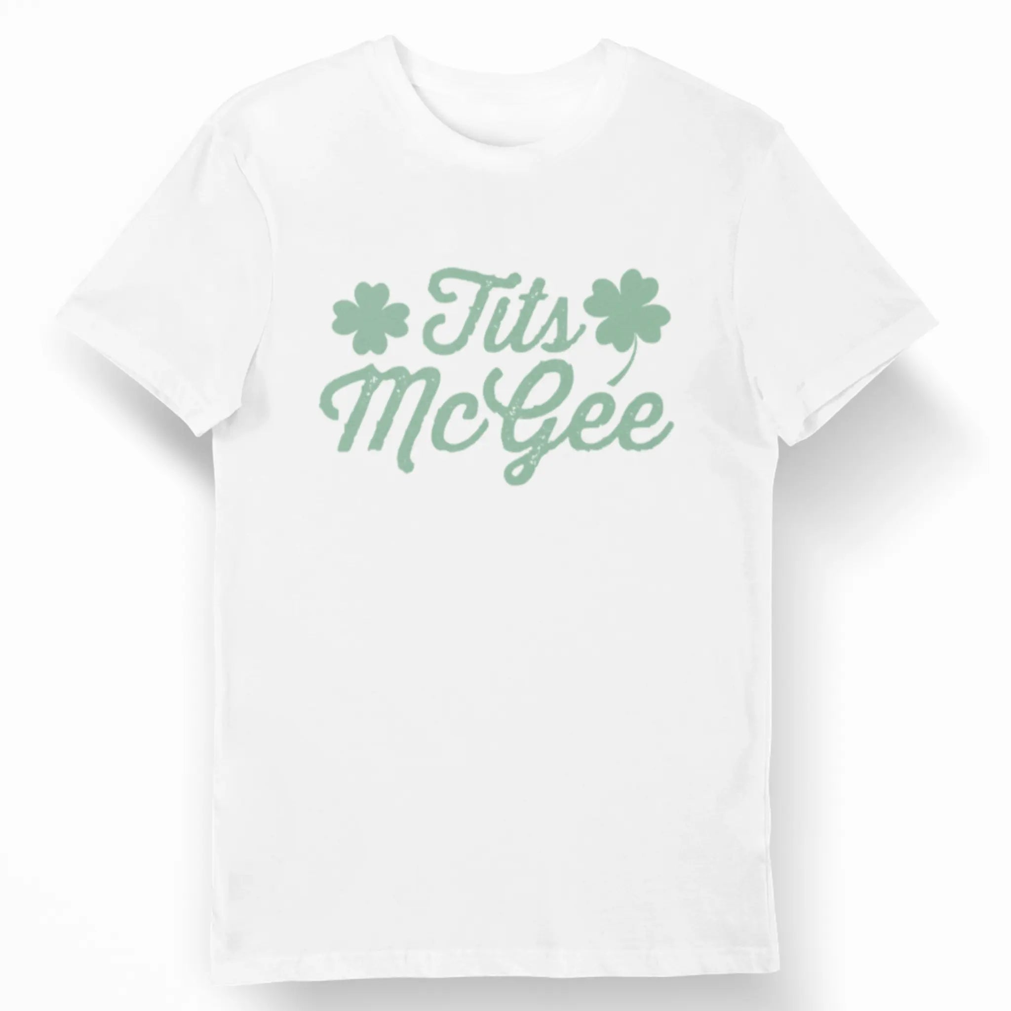 White graphic t-shirt with green “Tits McGee” lettering and clover icons, St. Patrick’s Day party tee