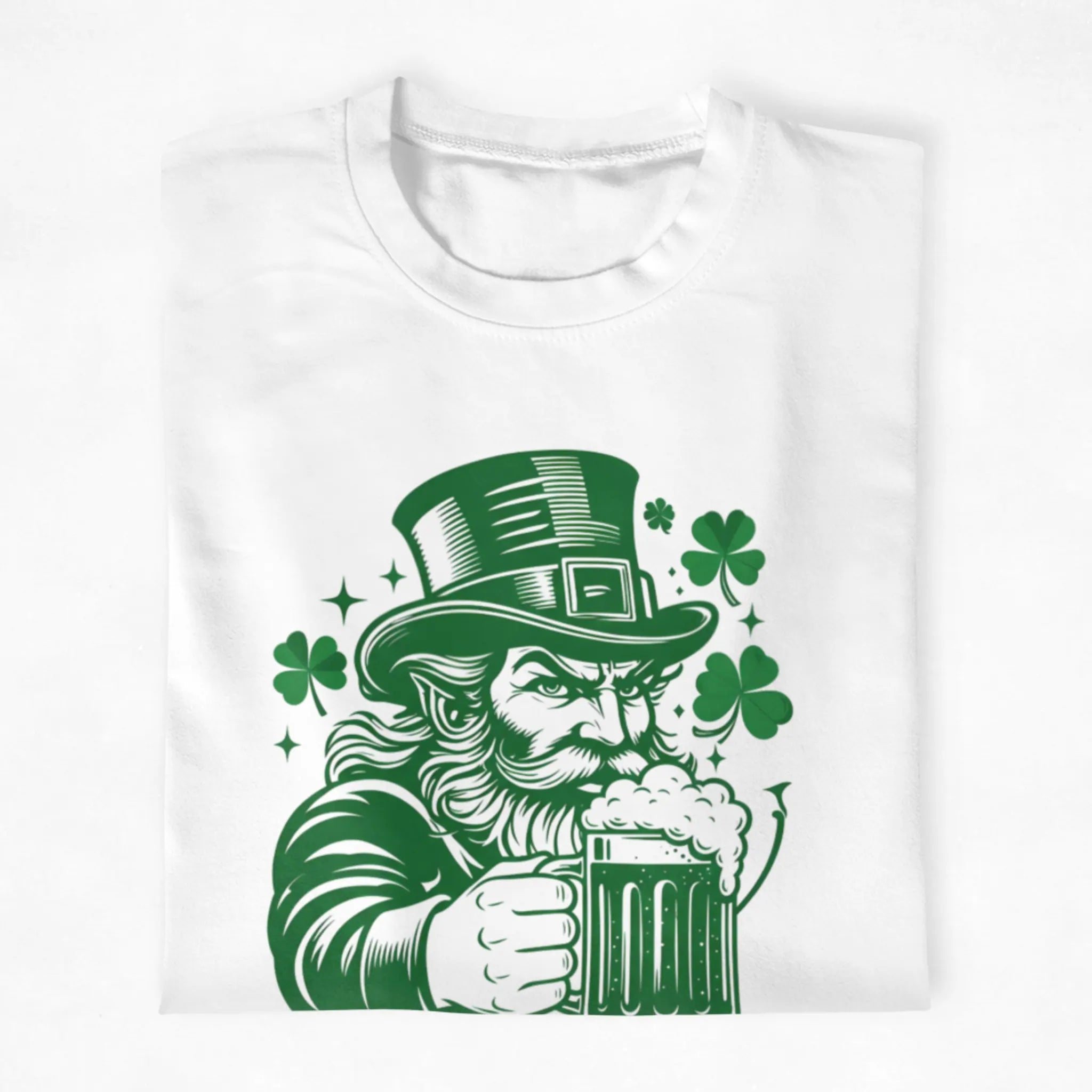 St. Patrick’s Day graphic tee with leprechaun and beer mug illustration in green, Irish drinking holiday shirt