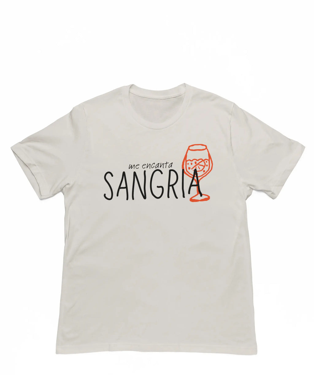 Bella Canvas t-shirt with “me encanta SANGRIA” text and wine glass graphic, funny wine lover tee