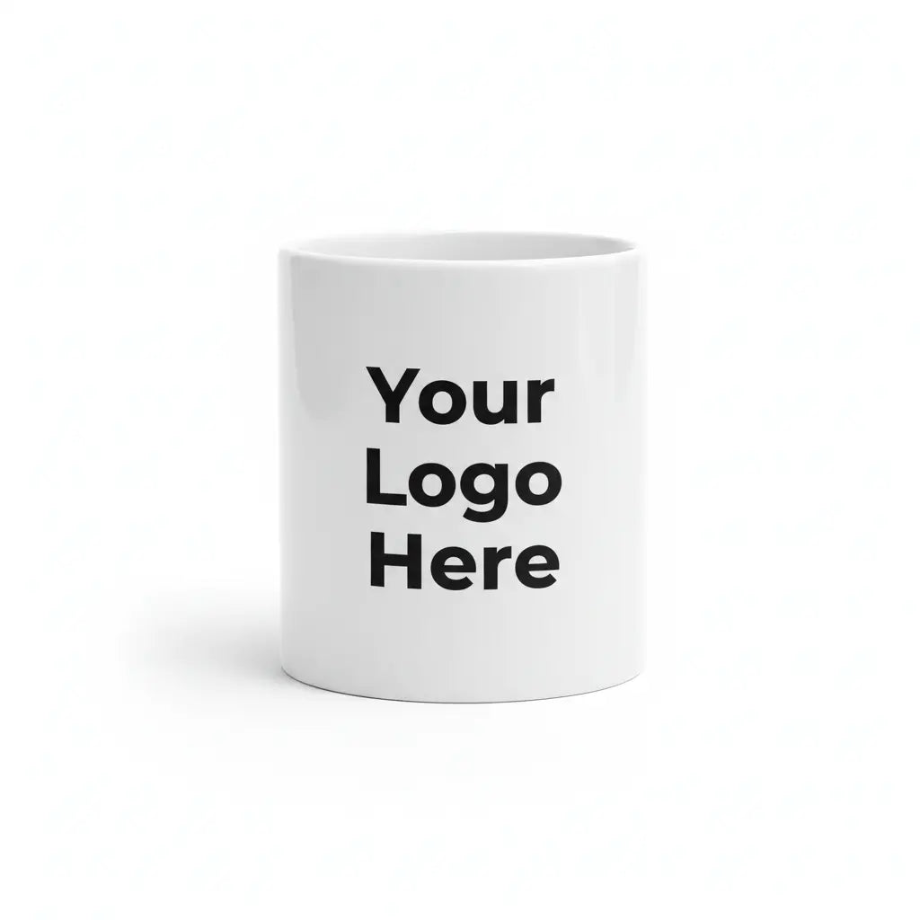 White ceramic coffee mug mockup held in hands with customizable logo area, personalized coffee mug gift