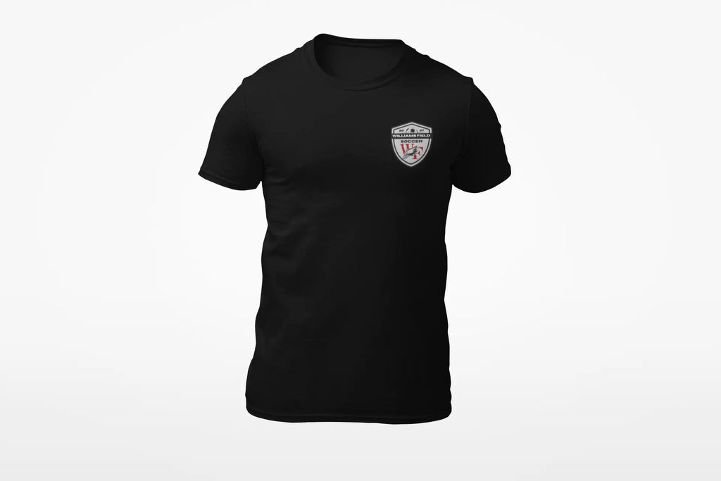 Black t-shirt with a logo on the chest against a white background