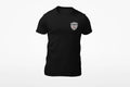 Black t-shirt with a logo on the chest against a white background