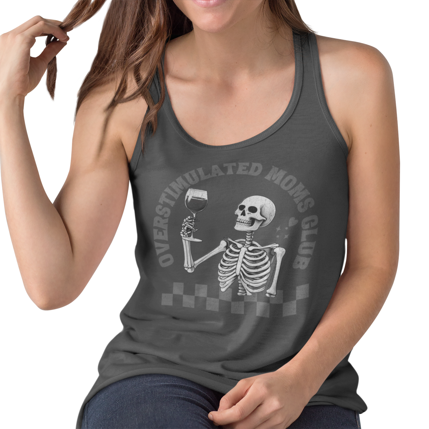 Dark Gray Racerback tank top with “Overstimulated Moms Club” and skeleton holding wine design