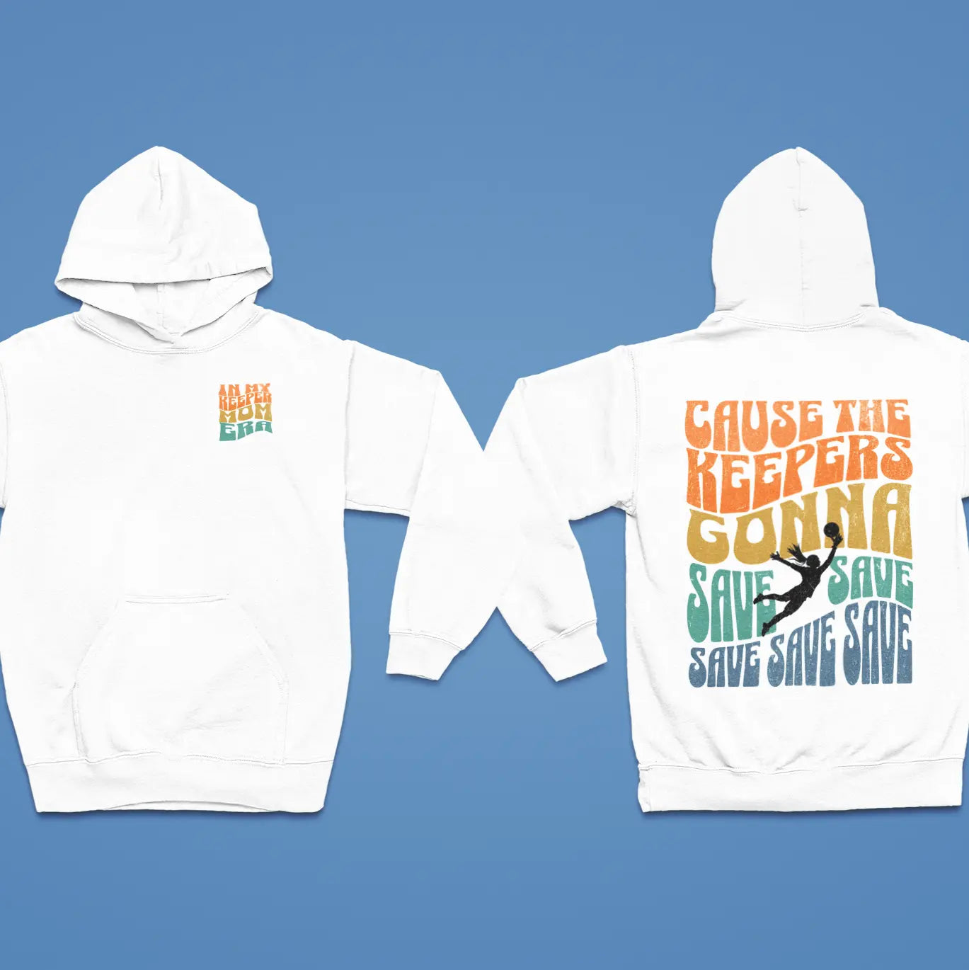 Back and front view of goalkeeper hoodie with customizable sleeves - keeper mom sweatshirt perfect for soccer goalie parents on the sidelines