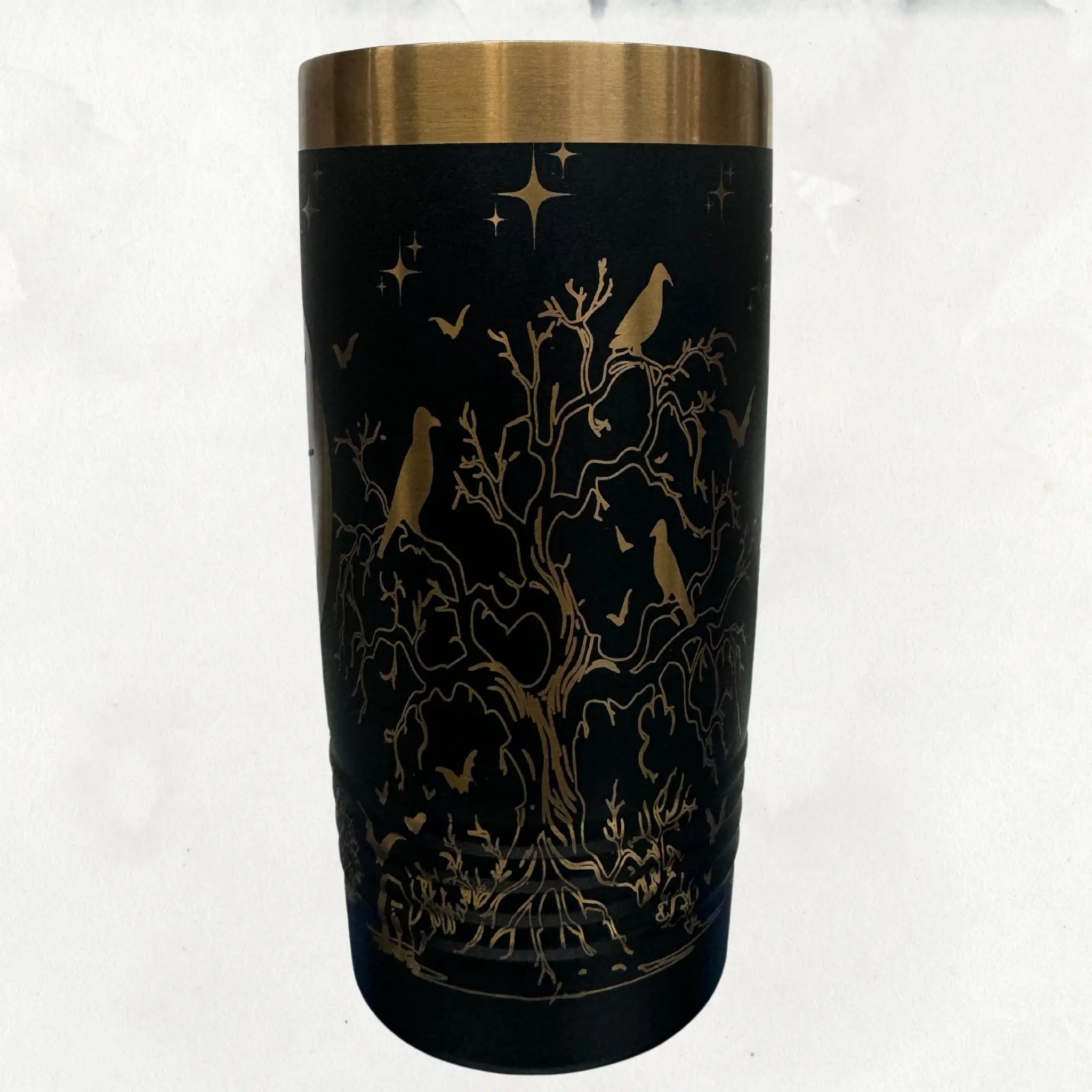 20oz Halloween tumbler in black with rose gold laser engraved haunted house and ghost design - insulated stainless steel cup perfect for spooky season