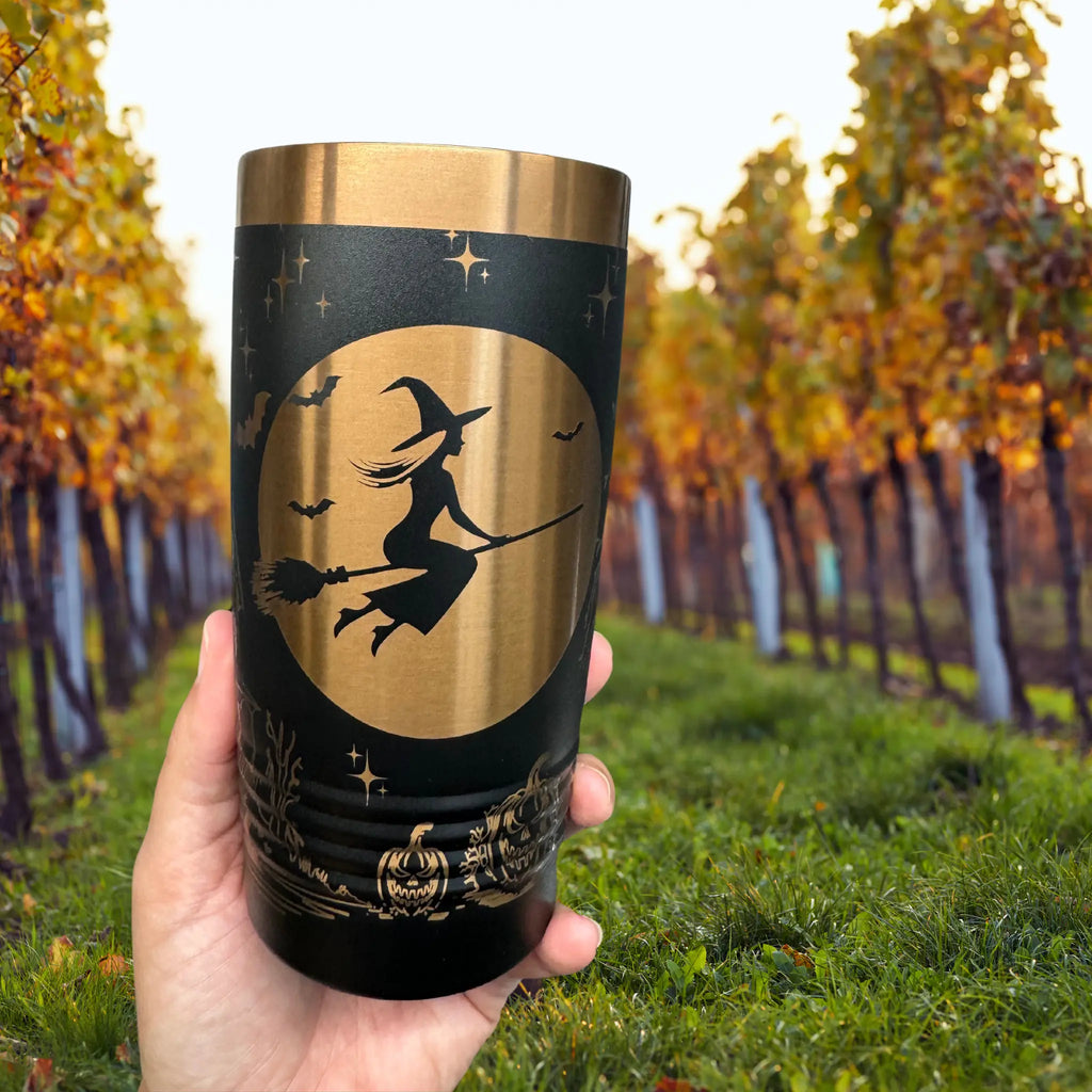 20oz Halloween tumbler in black with rose gold laser engraved spooky tree with crows and ravens - insulated cup for fall and Halloween celebrations