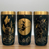 Three 20oz Halloween tumblers in black with rose gold laser engraved designs - haunted house with ghosts, witch on broomstick with moon, and spooky tree with crows