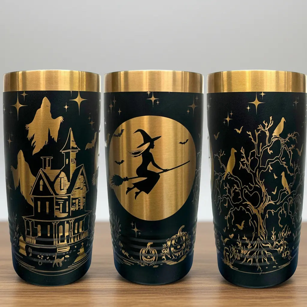 Three 20oz Halloween tumblers in black with rose gold laser engraved designs - haunted house with ghosts, witch on broomstick with moon, and spooky tree with crows