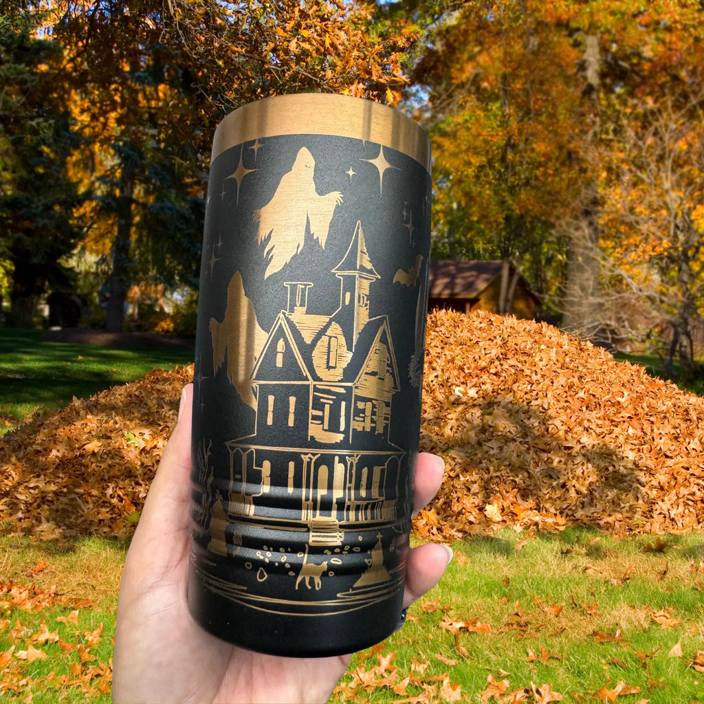 Set of three 20oz Halloween tumblers in black with rose gold laser engraved spooky designs - insulated stainless steel cups perfect for Halloween parties