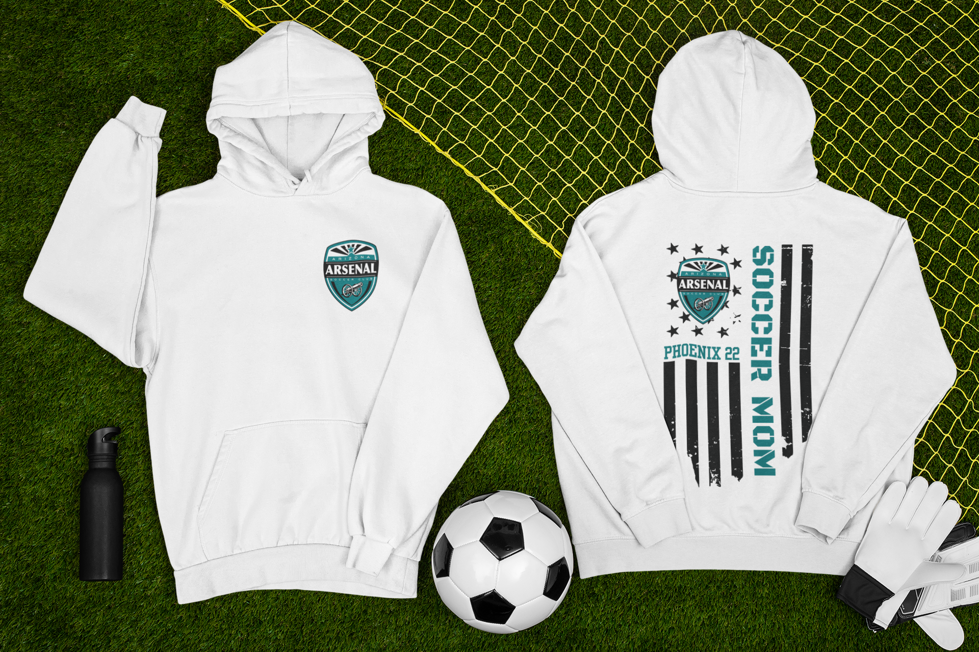 front and back soccer mom customizable soccer team hoodies featuring team logo, player name, and number with color-matched flag and text, perfect for soccer fans and players
