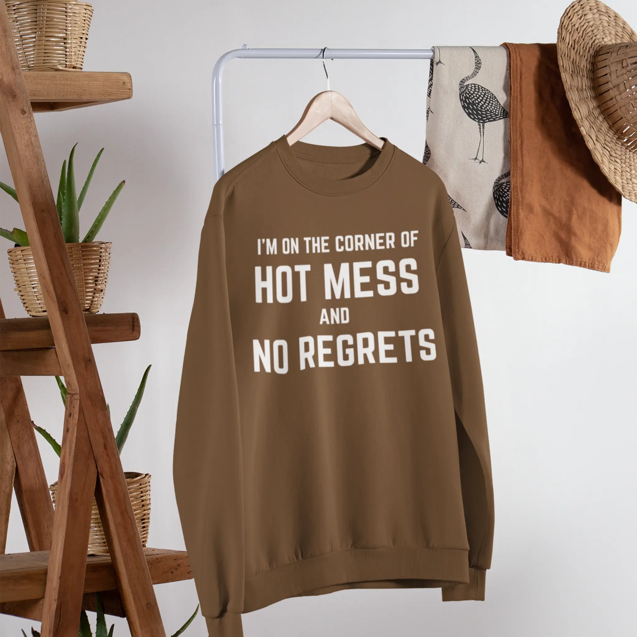 Brown "I'm On The Corner Of Hot Mess And No Regrets" sweatshirt on hanger - funny sarcastic sweater for hot mess express with no apologies