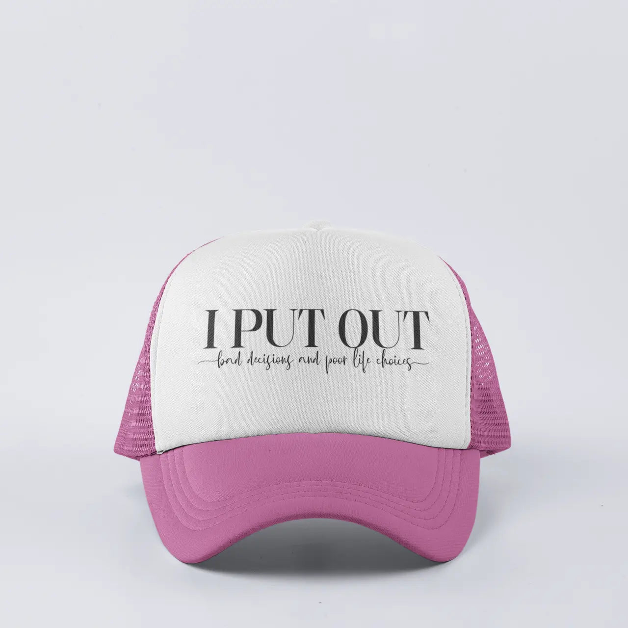 Side view of "I Put Out" trucker hat showing adjustable mesh back - snarky inappropriate humor cap for bold statements