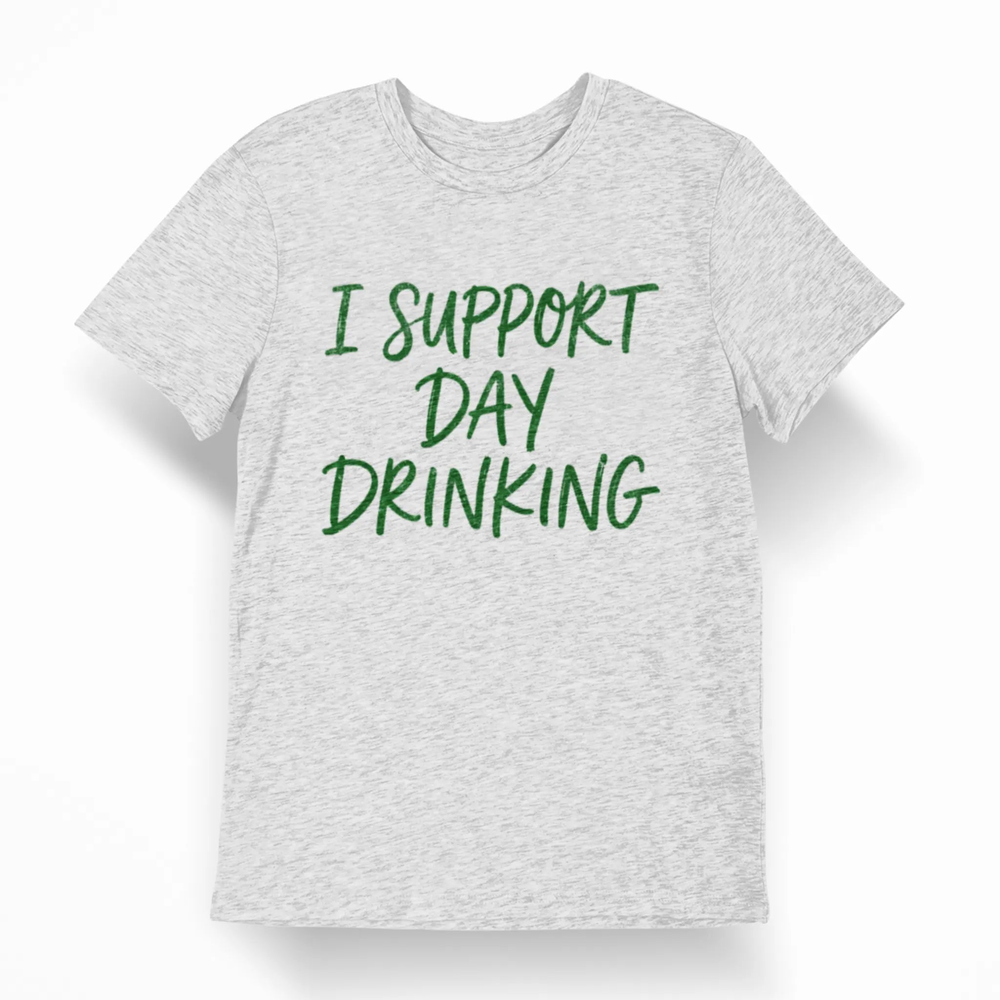 Heather gray St. Patrick’s Day t-shirt with green text reading “I Support Day Drinking,” funny Irish party shirt