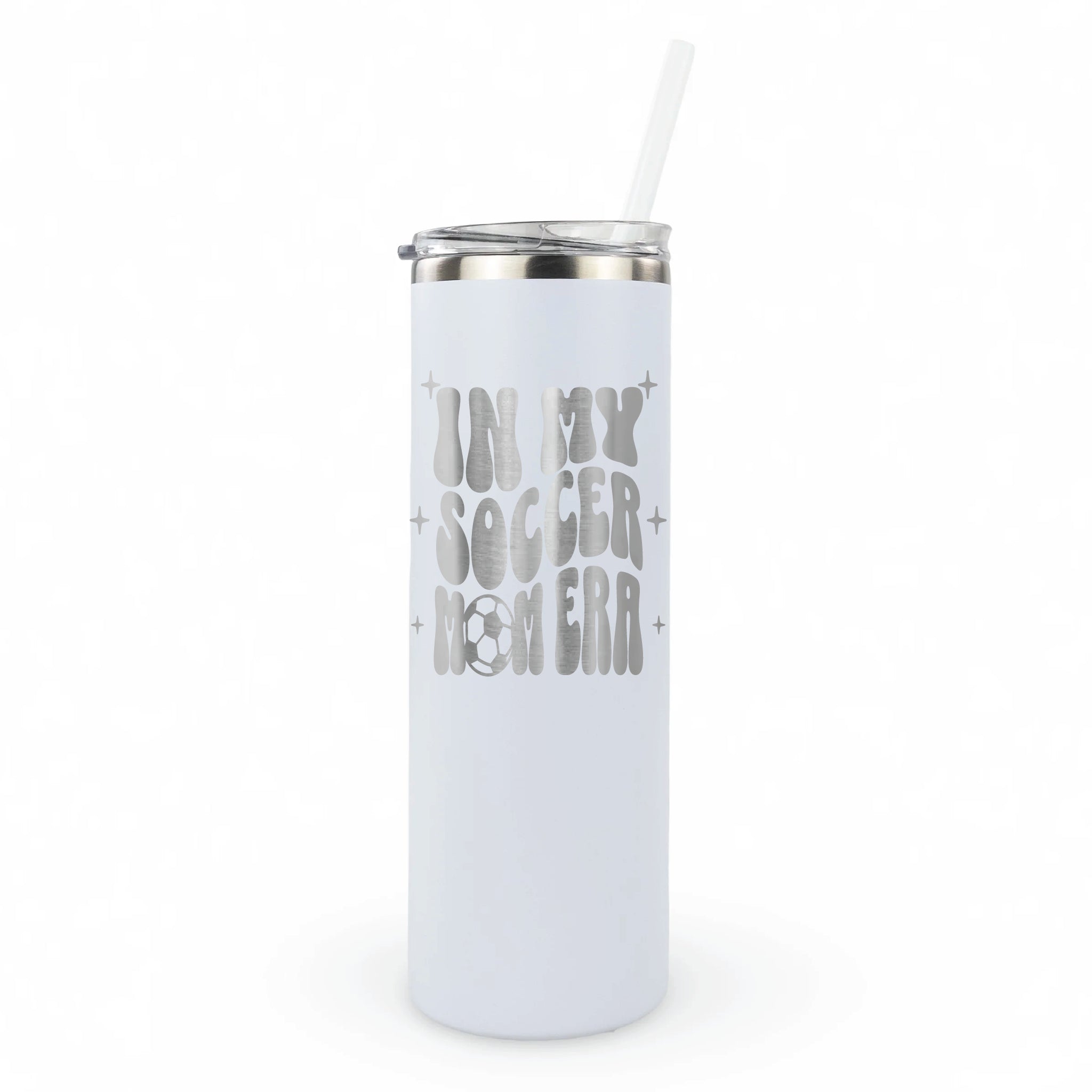 "In My Soccer Mom Era" laser engraved tumbler for sideline moms cheering at soccer games and tournaments
