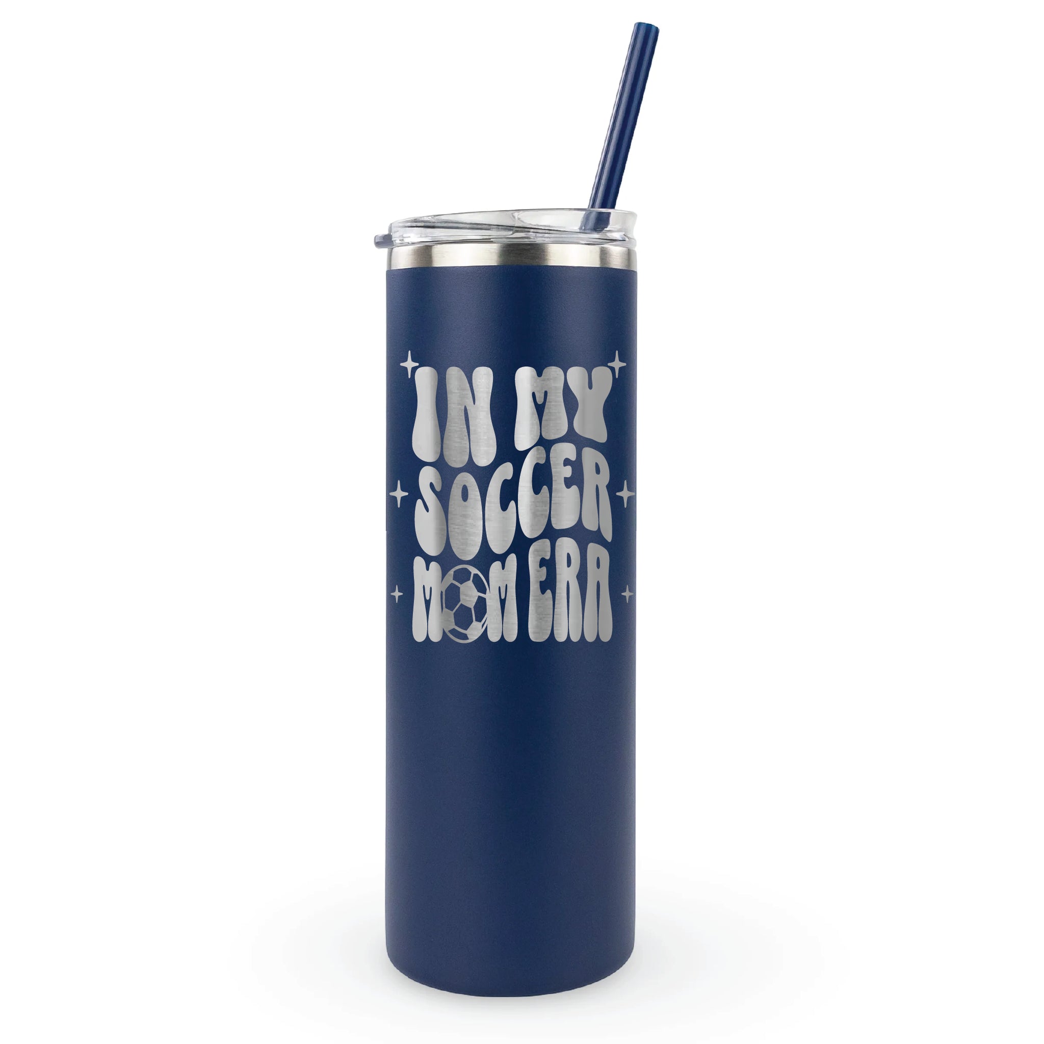 Insulated laser engraved tumbler that says "In My Soccer Mom Era" for soccer moms and team supporters
