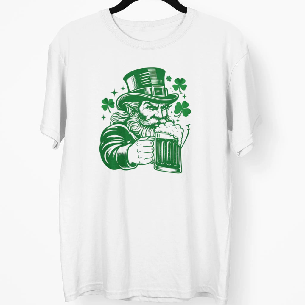 White St. Patrick’s Day t-shirt with green leprechaun holding a beer mug and shamrock graphics, funny Irish drinking shirt