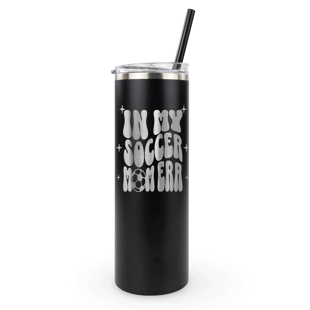 Stainless steel laser engraved tumbler with "In My Soccer Mom Era" design for soccer moms and sports parents