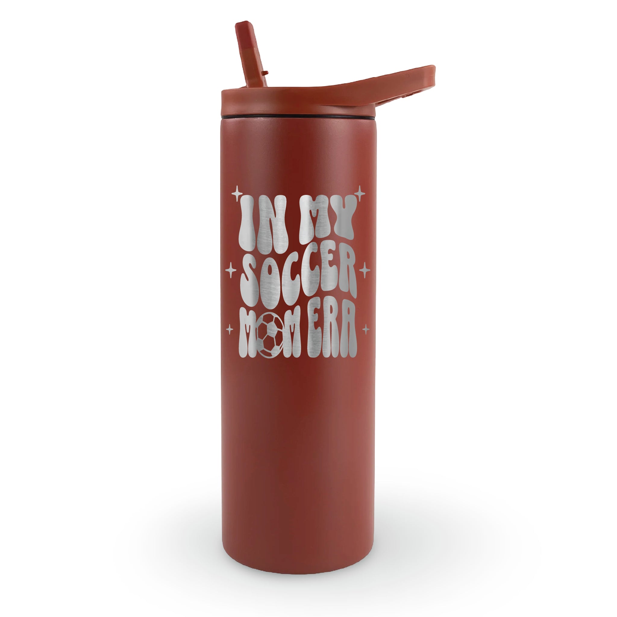 Laser engraved tumbler that says "In My Soccer Mom Era" for soccer season, game day, and sports mom gifts