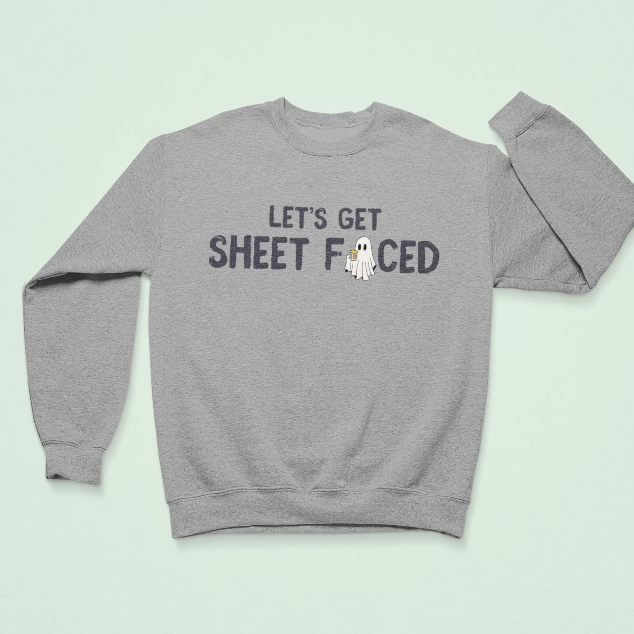 "Let's Get Sheet Faced" light gray sweatshirt with ghost design - funny Halloween party sweater for adults who love drinking puns