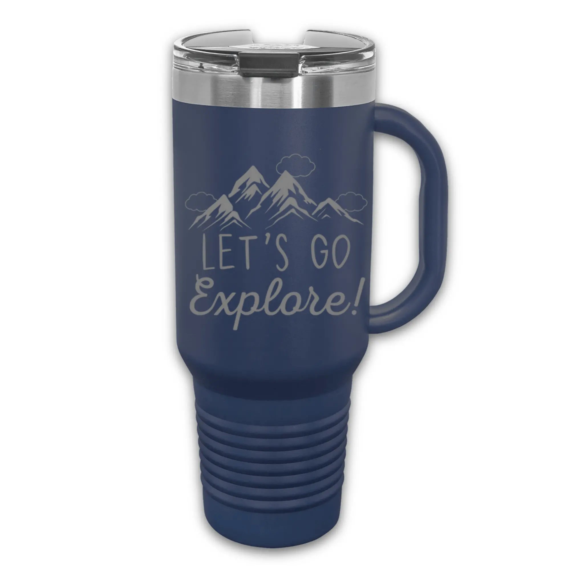Angle view of 40oz laser engraved explore tumbler white with rose gold mountains - insulated stainless steel cup keeps drinks cold on adventures