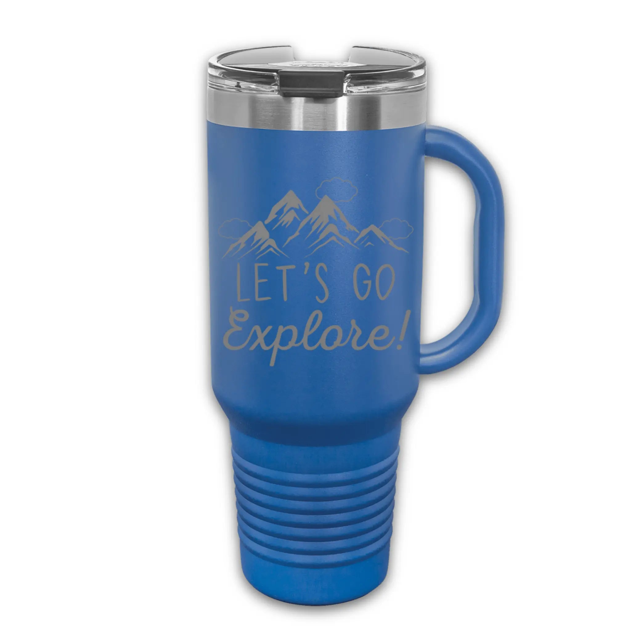 40oz laser etched "Let's Explore" tumbler with lid in white with rose gold - insulated cup perfect for road trips and outdoor exploration