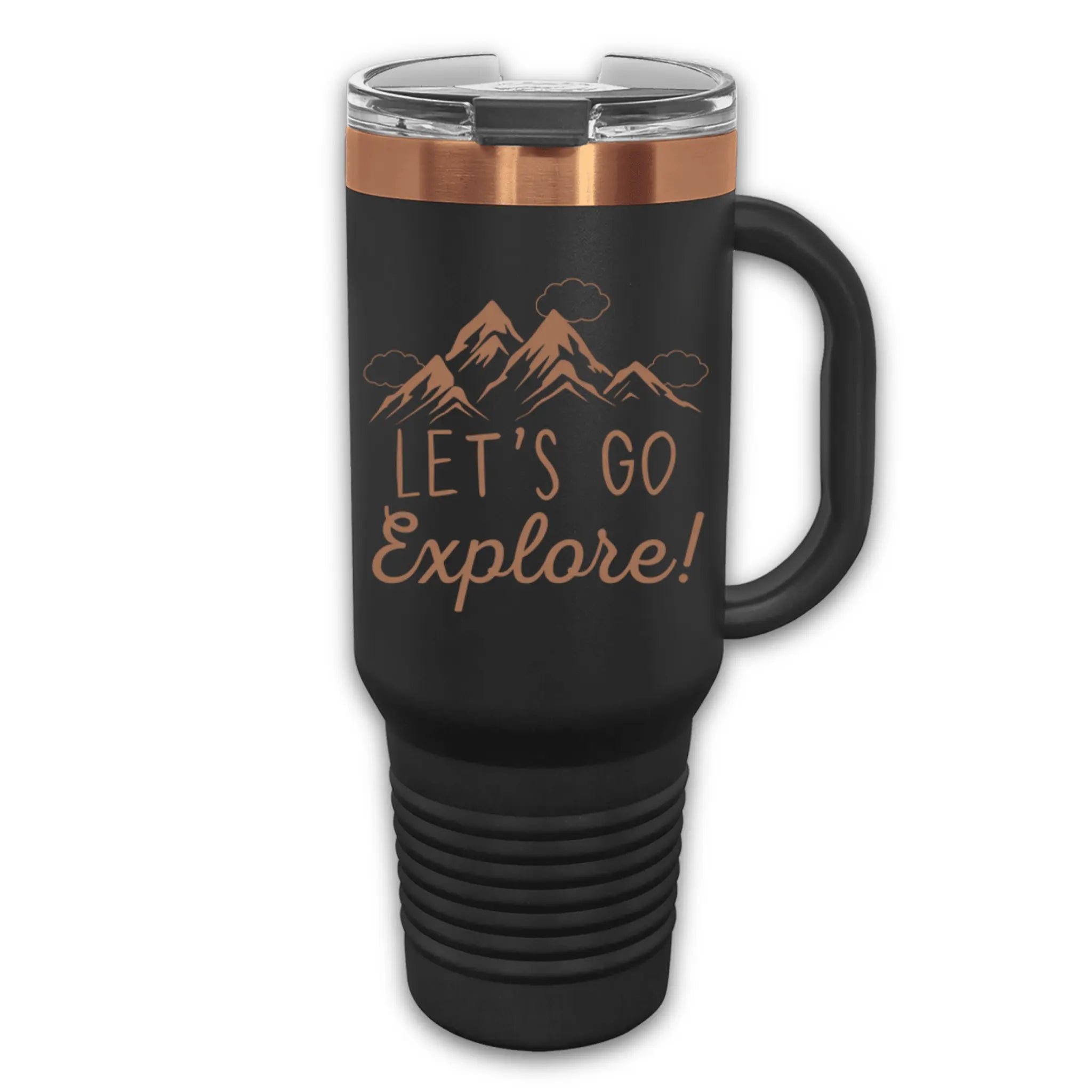 Handle view of 40oz laser etched explore tumbler white with rose gold mountains - comfortable grip stainless steel insulated cup for adventures