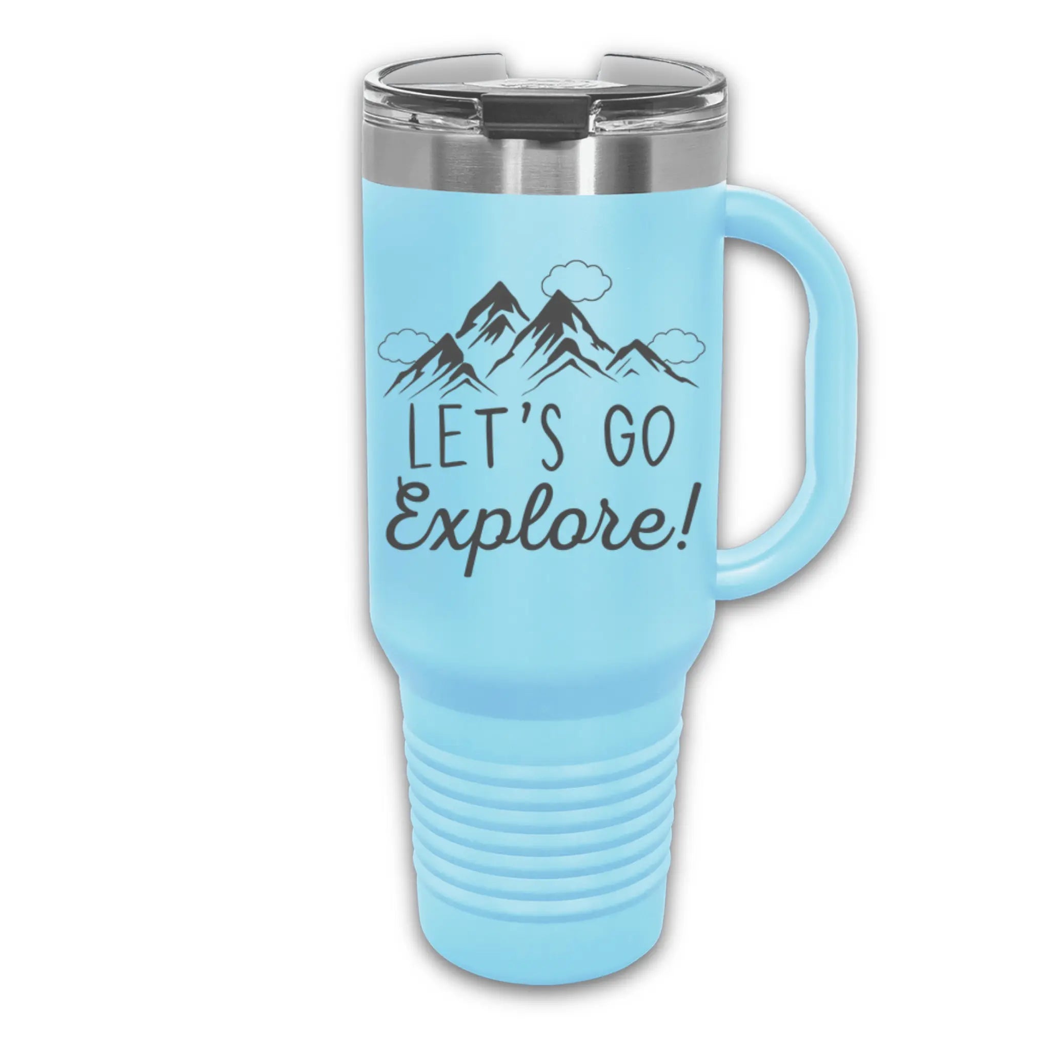 Clean background 40oz laser etched "Let's Go Explore" tumbler white with rose gold - handle cup for outdoor enthusiasts and wanderlust souls