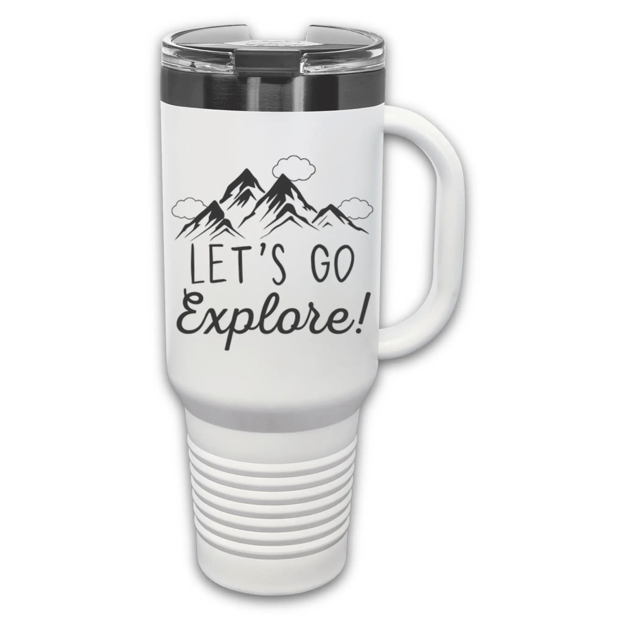 Flat lay of 40oz laser engraved "Let's Explore" tumbler white with rose gold handle - stainless steel insulated drinkware for nature lovers