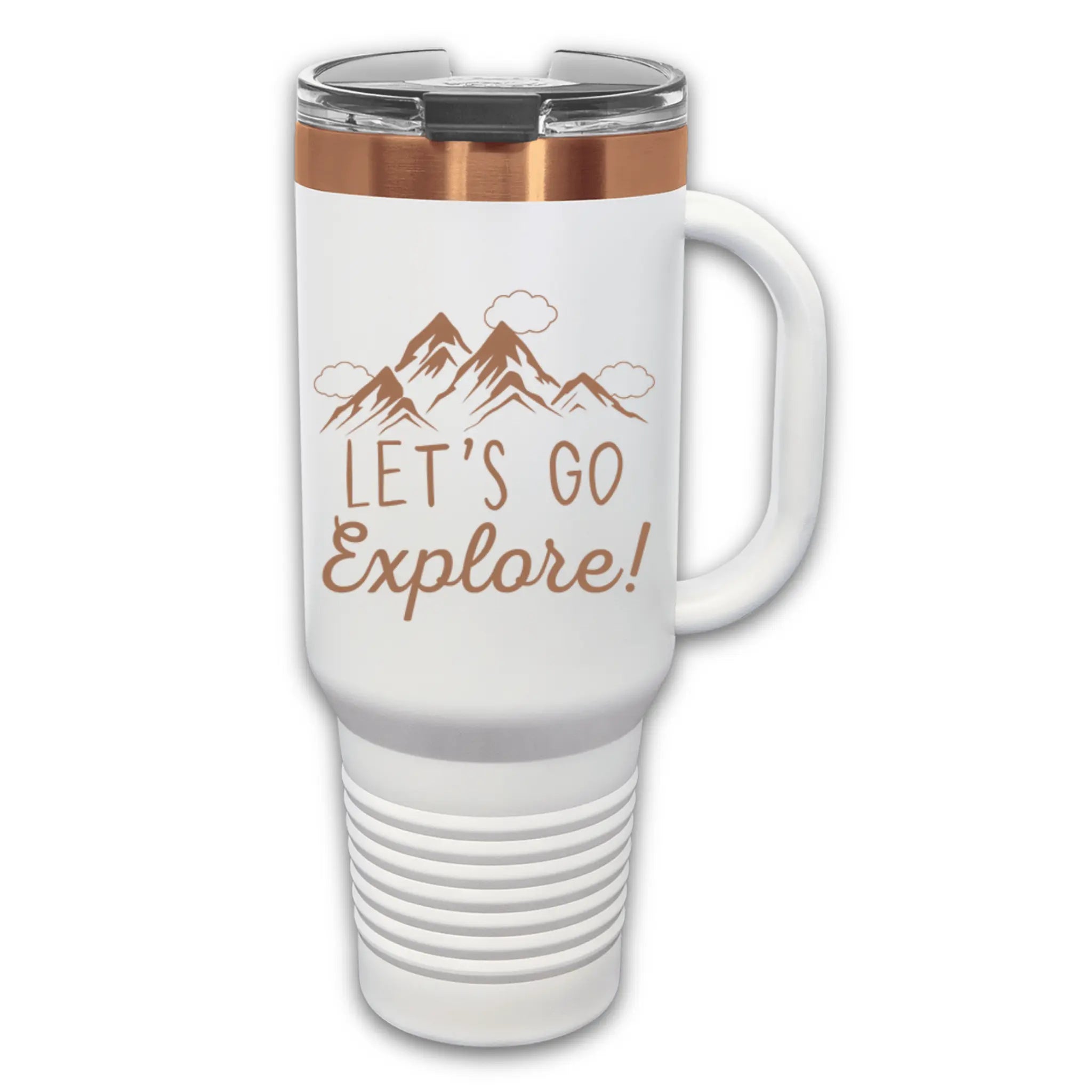 Full view of 40oz laser etched "Let's Go Explore" tumbler white with rose gold - insulated drinkware with handle perfect for hiking and camping adventures