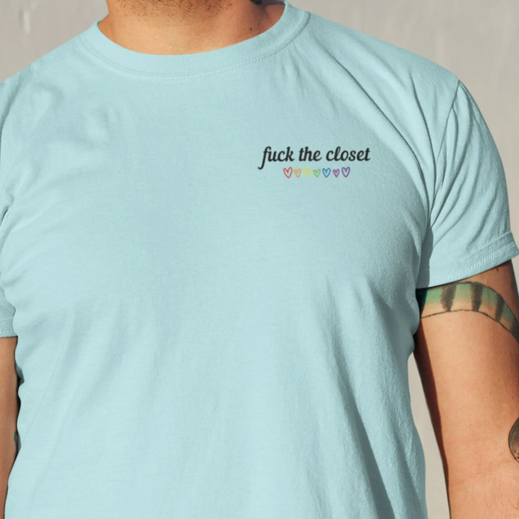 LGBTQ ally unisex t-shirt with “fuck the closet” text design, pride apparel for allies and queer community