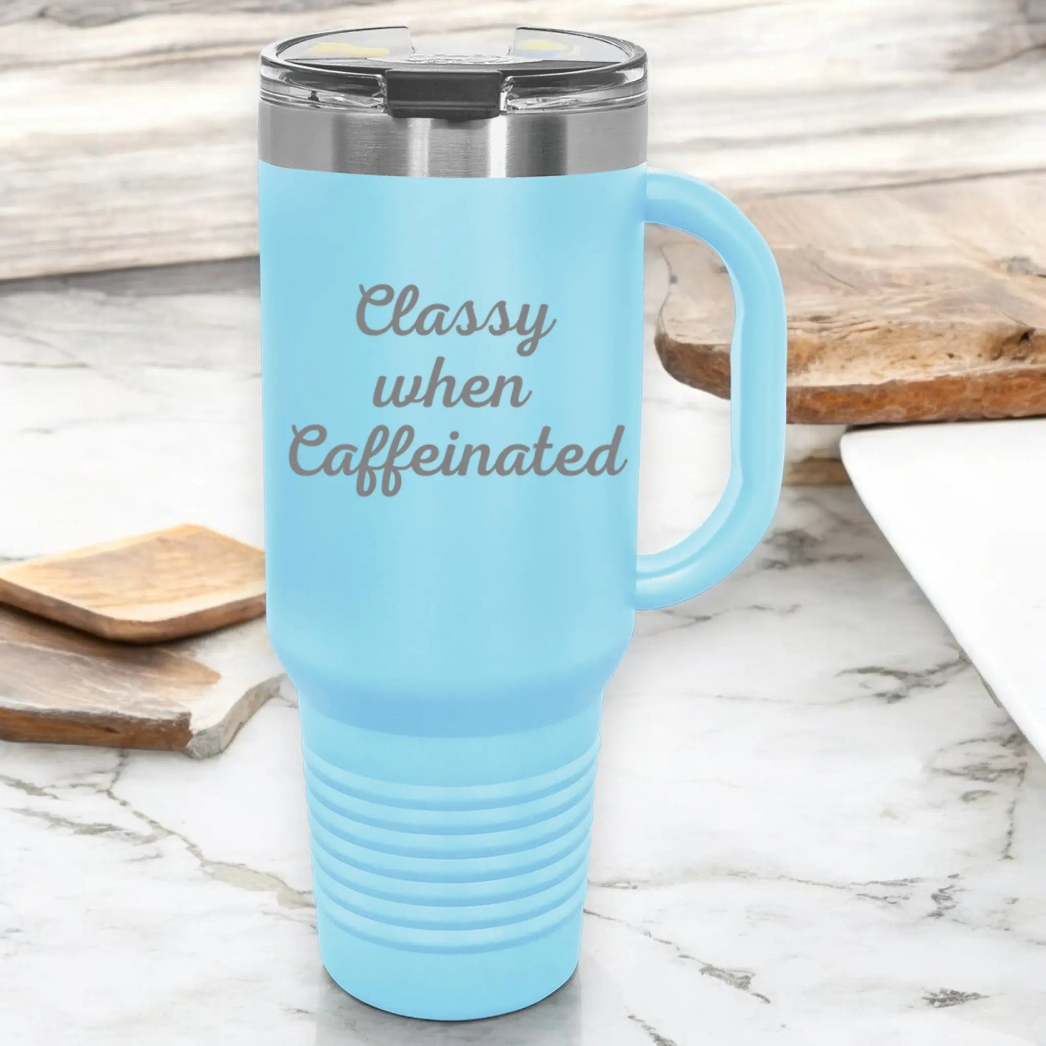 Clean background 40oz laser engraved "Classy When Caffeinated" tumbler green with handle - sarcastic coffee cup for those who need caffeine to be nice
