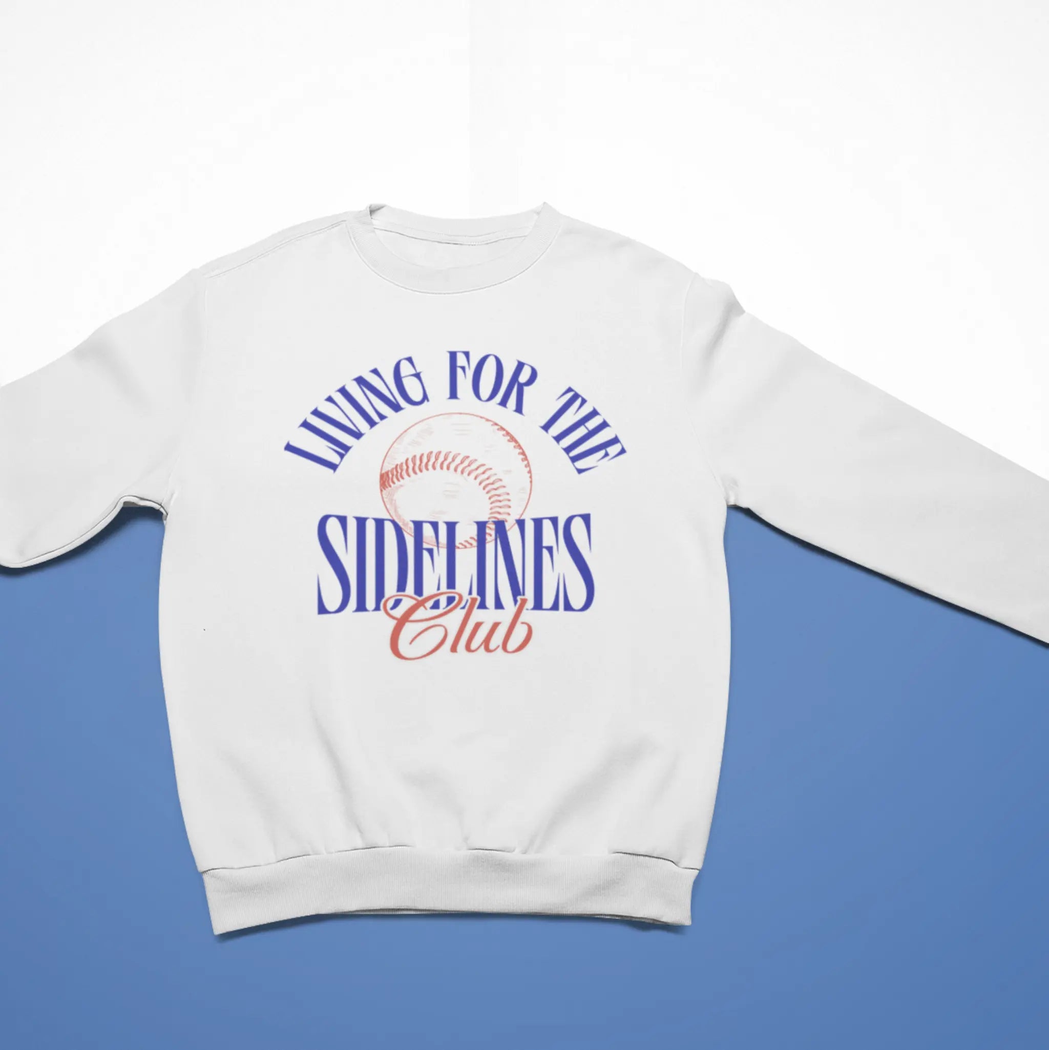 "Living For The Sidelines Club" white sweatshirt with baseball design - sports parent apparel perfect for baseball moms and dads who live for game days