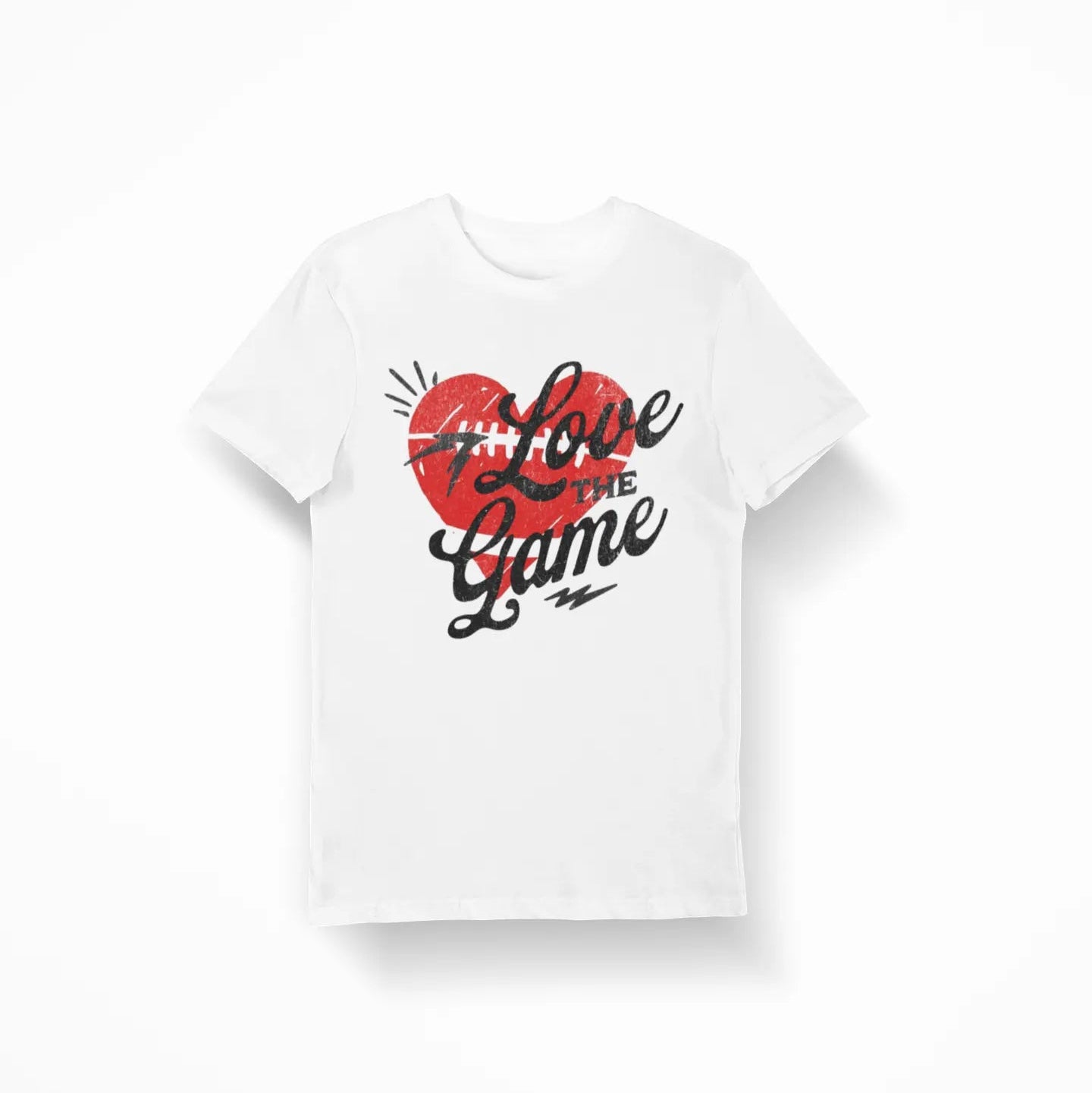 White football fan shirt with “Love the Game” text and heart design, game day outfit gift idea