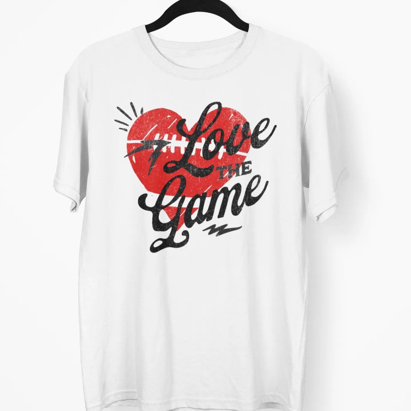 White t-shirt with red heart and “Love the Game” text, football fan game day graphic tee