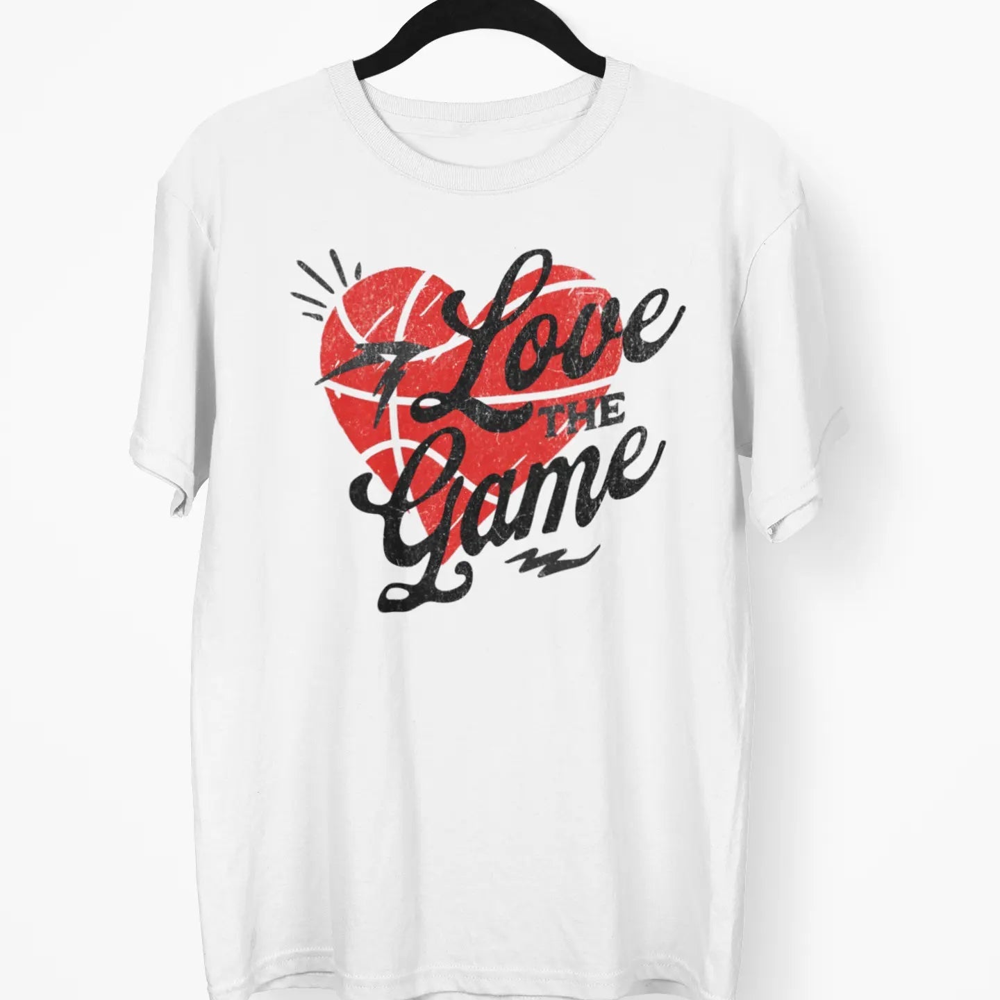 White t-shirt with red heart and “Love the Game” lettering, graphic tee for game day and sports fans