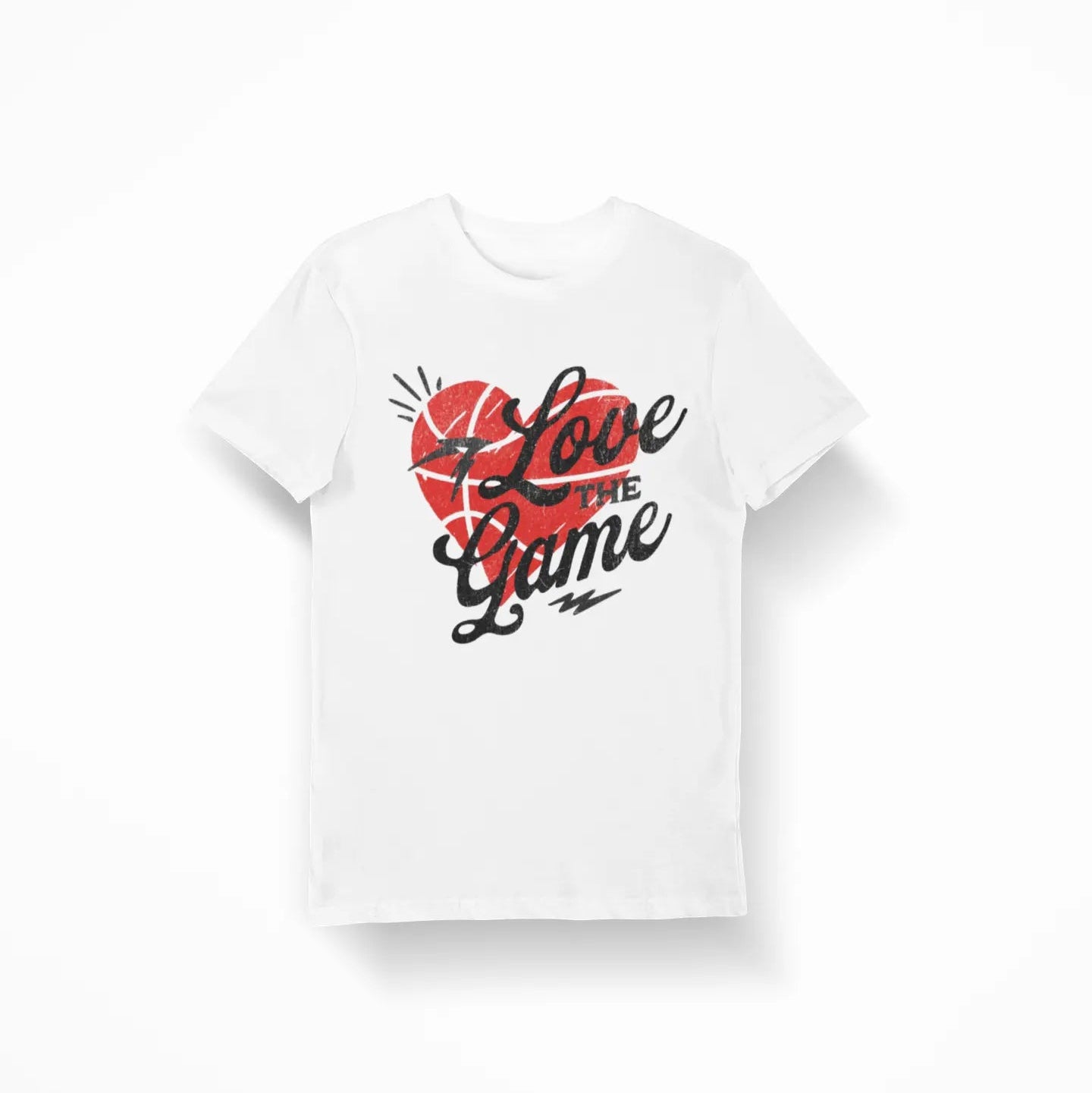 White graphic tee with “Love the Game” text and red basketball heart design, casual sports fan shirt gift idea