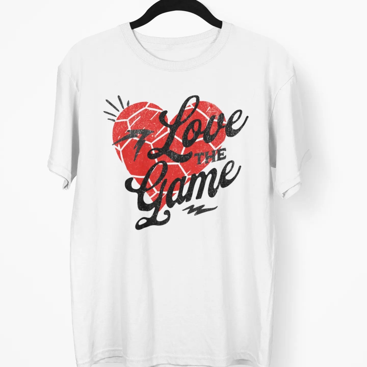 White t-shirt with red heart and “Love the Game” text, soccer ball graphic, soccer fan game day tee
