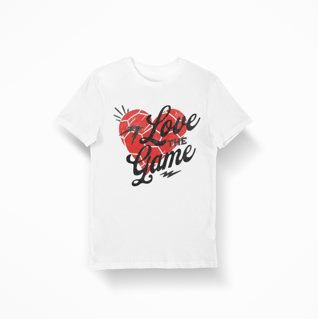 Unisex soccer t-shirt with “Love the Game” text and heart design, soccer season outfit for fans